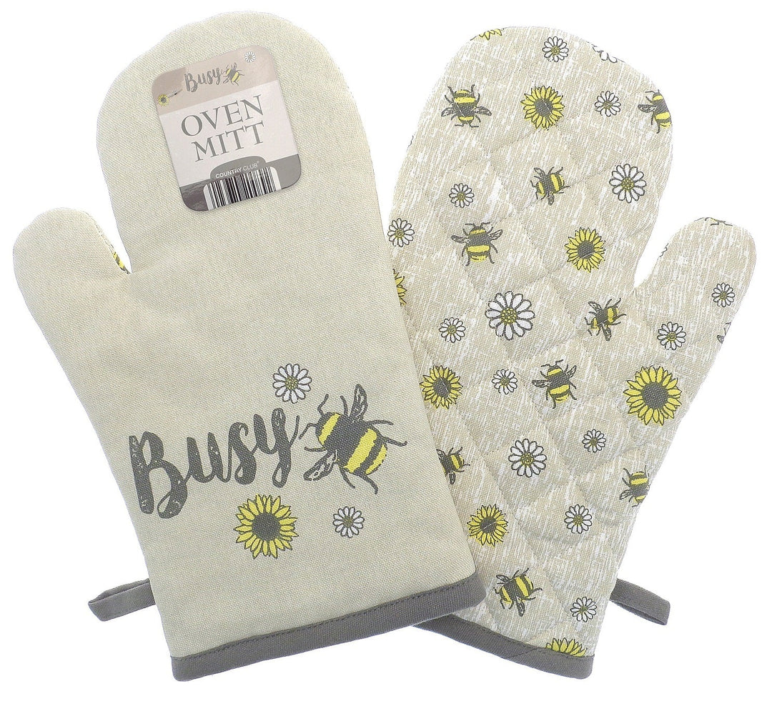 Bees & Flowers Single Oven Glove Mitt - Grey & Ochre