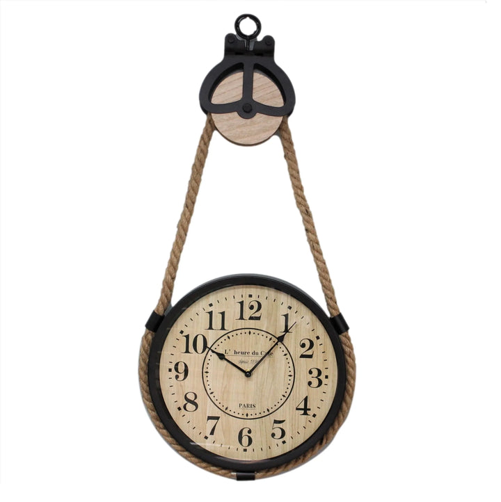 33cm Industrial Pulley & Rope Hanging Wall Clock