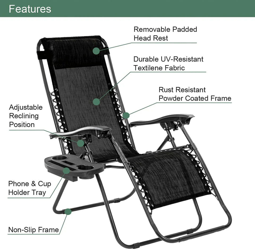 Deluxe Gravity Garden Reclining Sun Chair Lounger - Black