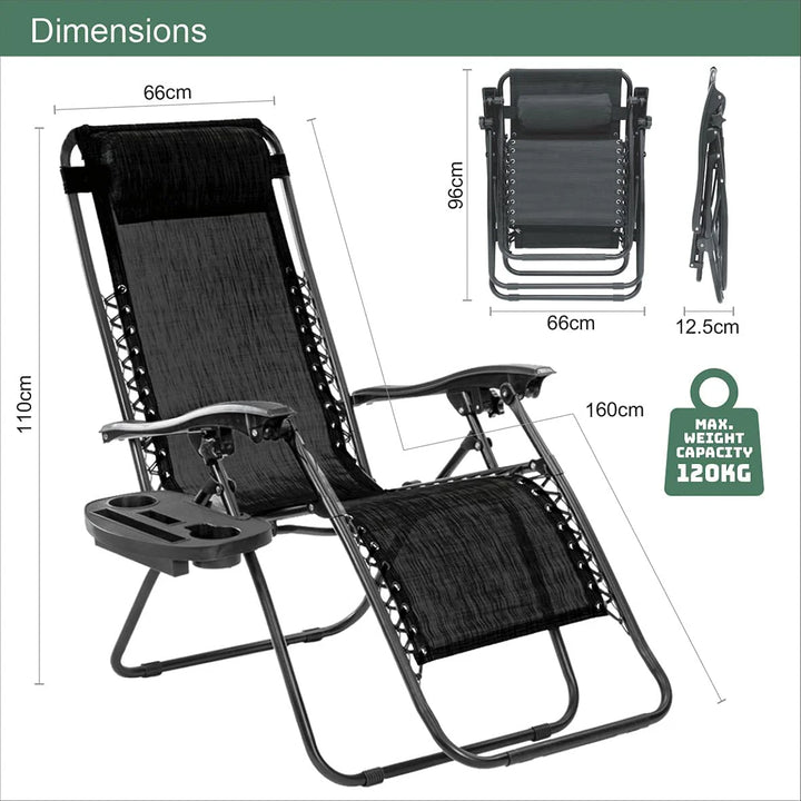 Deluxe Gravity Garden Reclining Sun Chair Lounger - Black